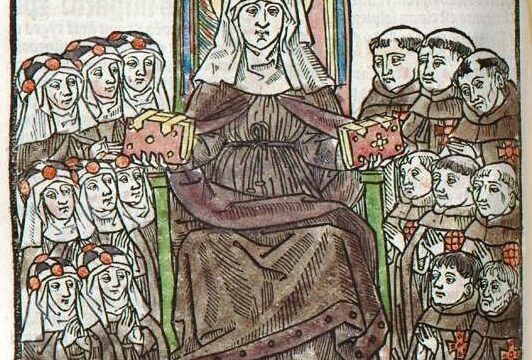 Birgitta übergibt die Ordensregel an Nonnen und Priester, Druck aus Sunte Birgitten openbaring, gedruckt von Hans van Ghetelen 1496 / Universitätsbibliothek Kiel