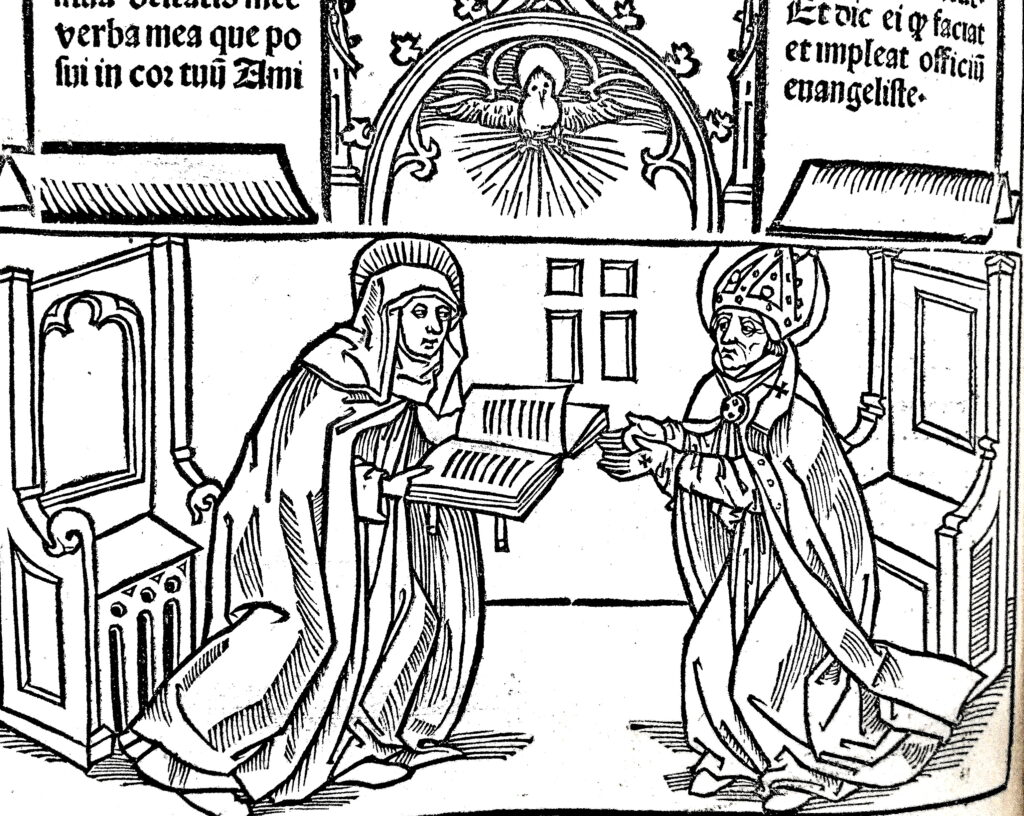 Birgitta übergibt ihre niedergeschriebenen Offenbarungen dem Papst