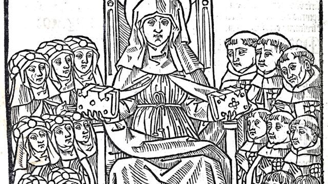 Birgitta uebergibt die Ordensregel Nonnen und Pristern, Druck Bartholomaeus Gothan Lübeck, 1492 Univbibli Kiel