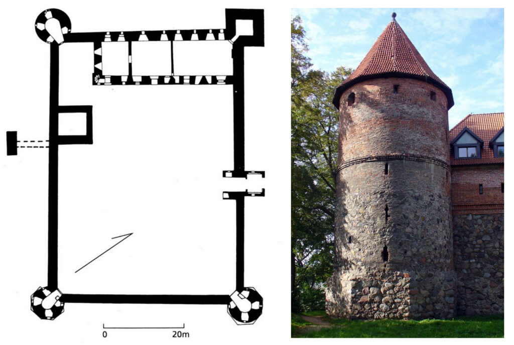 Ursprünglicher Grundriss der um 1400 errichteten Ordensburg (links) mit achteckigem bzw. rundem Südturm (rechts).