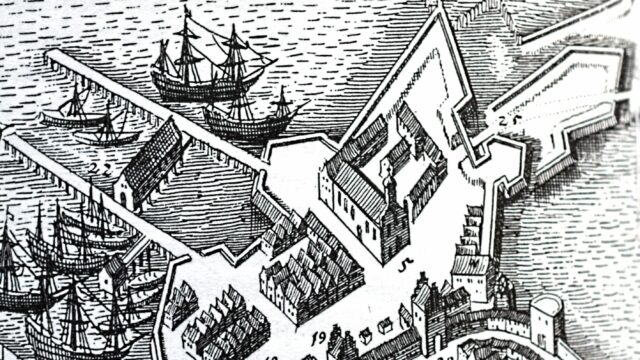 Stralsund, Detail aus dem Stadtplan von Mathaeus Merian, 1652, Heilig Geistkirche