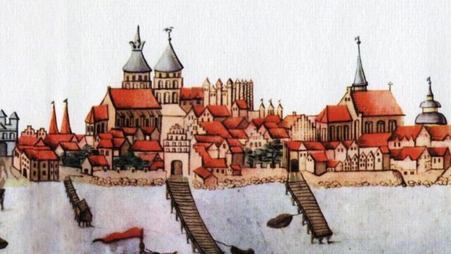 Stralsund, Stralsunder Bilderhandschrift von 1615, links Dominikanerkloster, rechts Franziskanerkloster und Heiliggeist Kirche