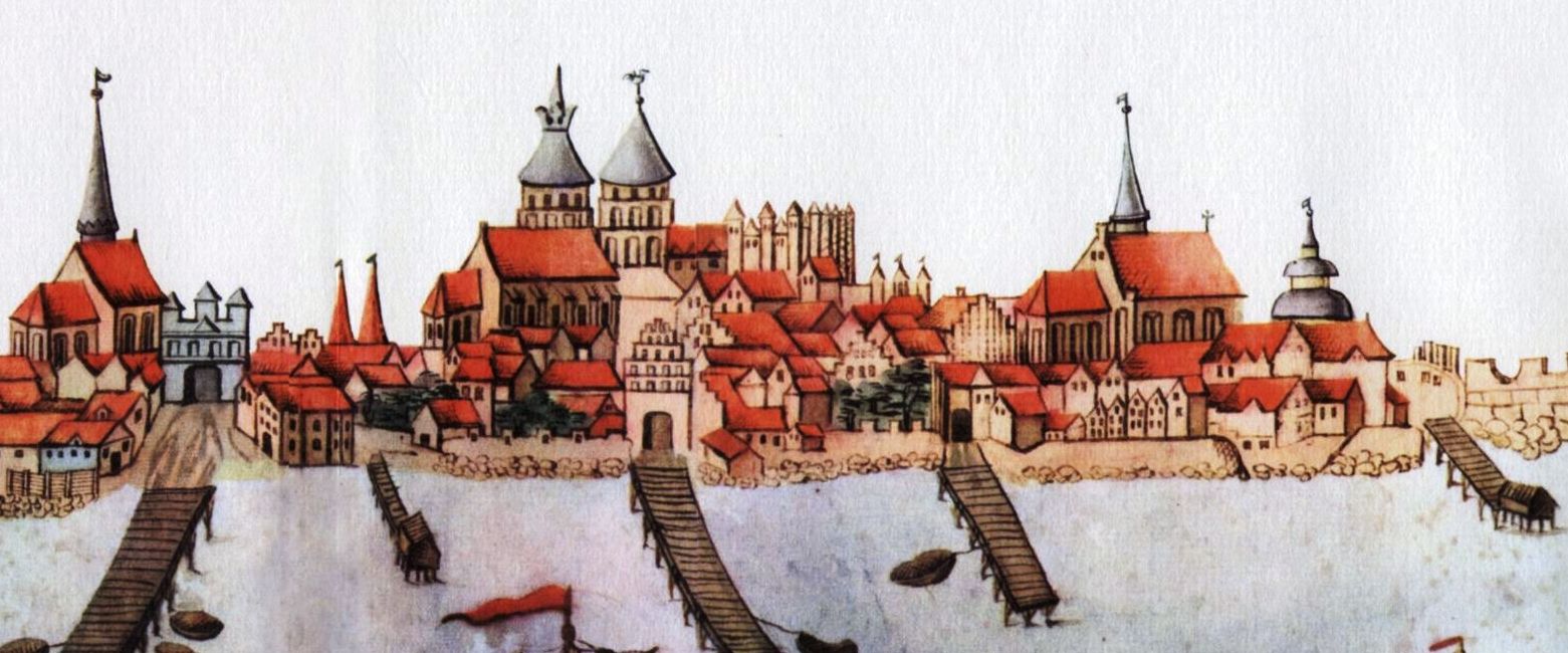 Stralsund, Stralsunder Bilderhandschrift von 1615, links Dominikanerkloster, rechts Franziskanerkloster und Heiliggeist Kirche