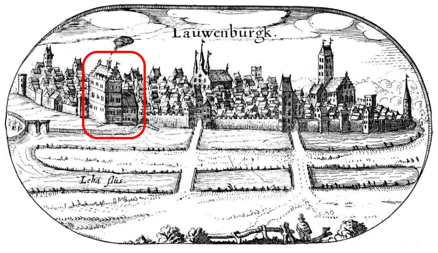 Stadtansicht von Lauenburg auf der Lubinschen Karte von 1618 mit dem ehemaligen Ordenshof im Südosten der Stadt / Bearbeitung A. Kieseler