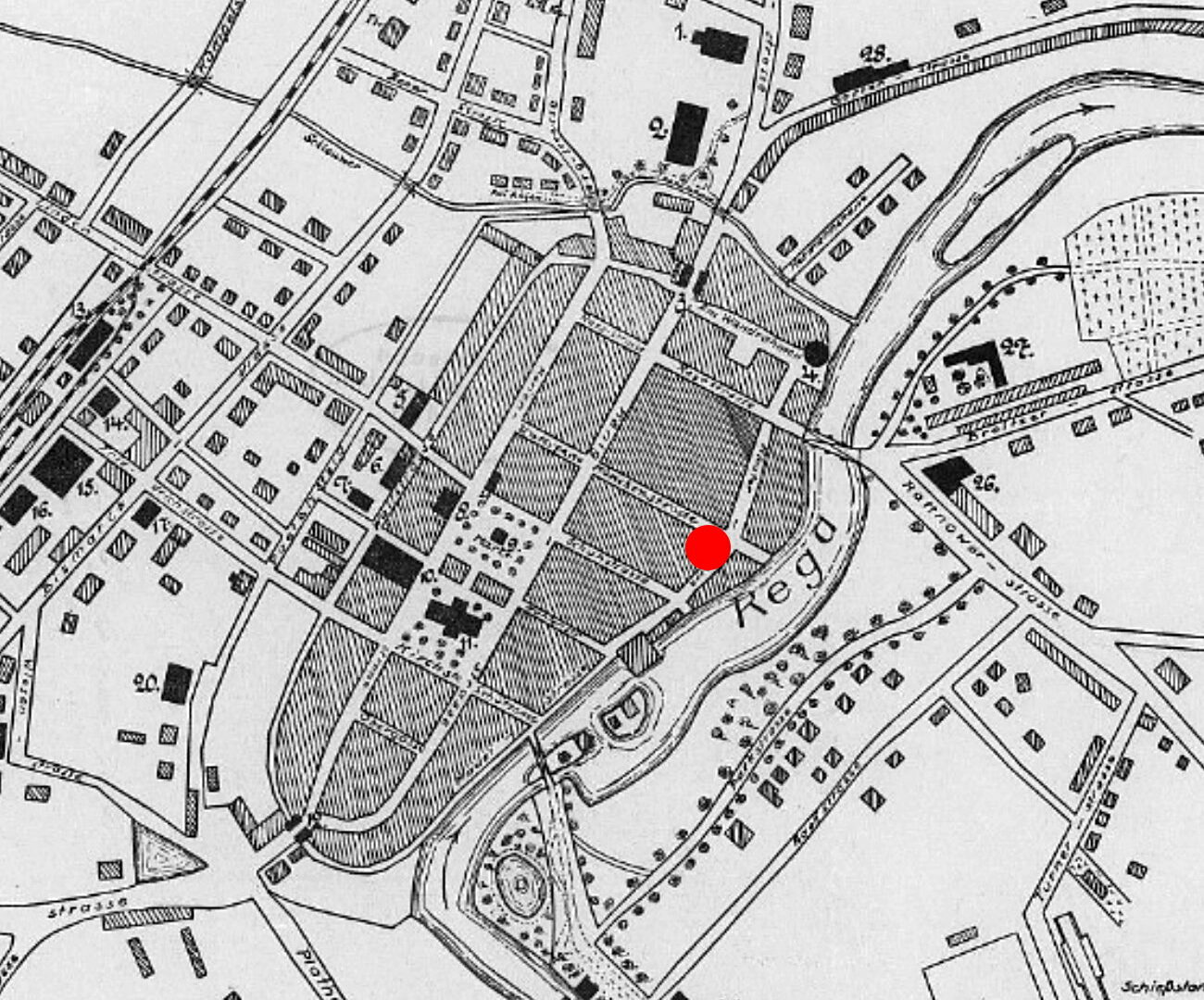 Plan der Stadt Greifenberg vor dem Zweiten Weltkrieg mit Lage des Klosters in der Altstadt (roter Punkt) / www.omnia.ie; Bearbeitung A. Kieseler