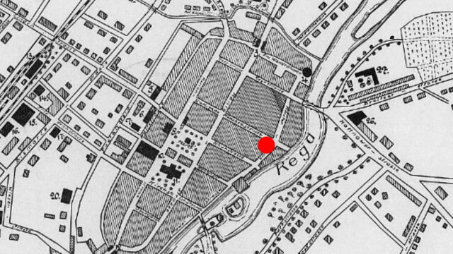 Plan der Stadt Greifenberg vor dem Zweiten Weltkrieg mit Lage des Klosters in der Altstadt (roter Punkt) / www.omnia.ie; Bearbeitung A. Kieseler