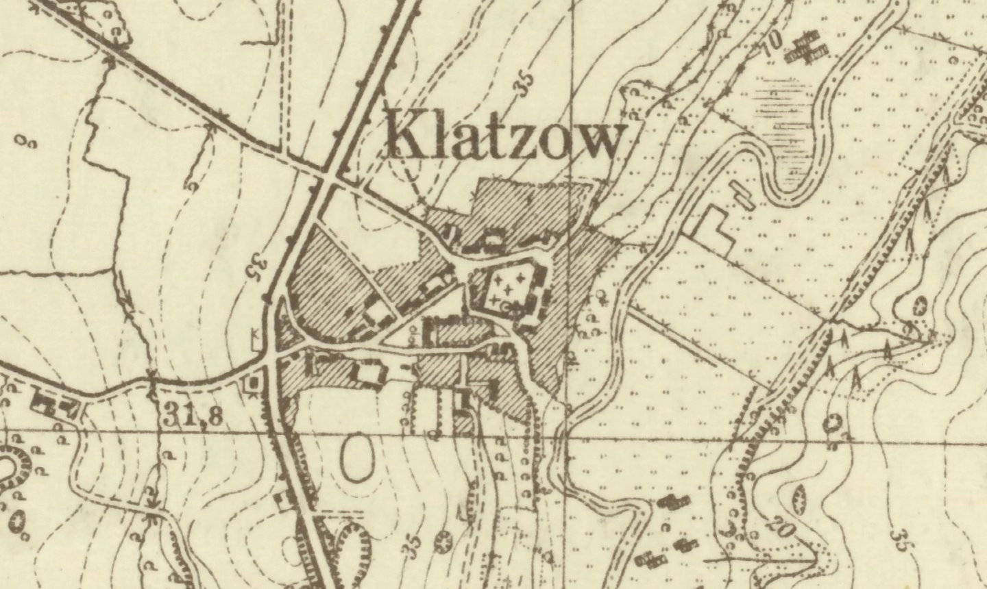 Das 1,5 km nördlich von Altentreptow, unmittelbar an der Tollense gelegene Dorf Klatzow, wo sich das Kloster der Benediktinerinnen für wenige Jahre befand / MTB 2245 Gültz; Bearbeitung A. Kieseler