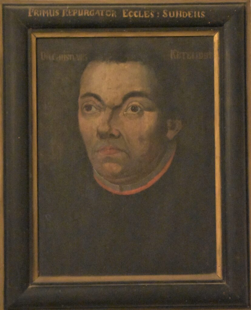 Reformator Christian Ketelhot (1492–1546), der erste evangelische Pfarrer der Marienkirche in Stralsund, zeitgenössisches Gemälde / Foto R. Harlaß
