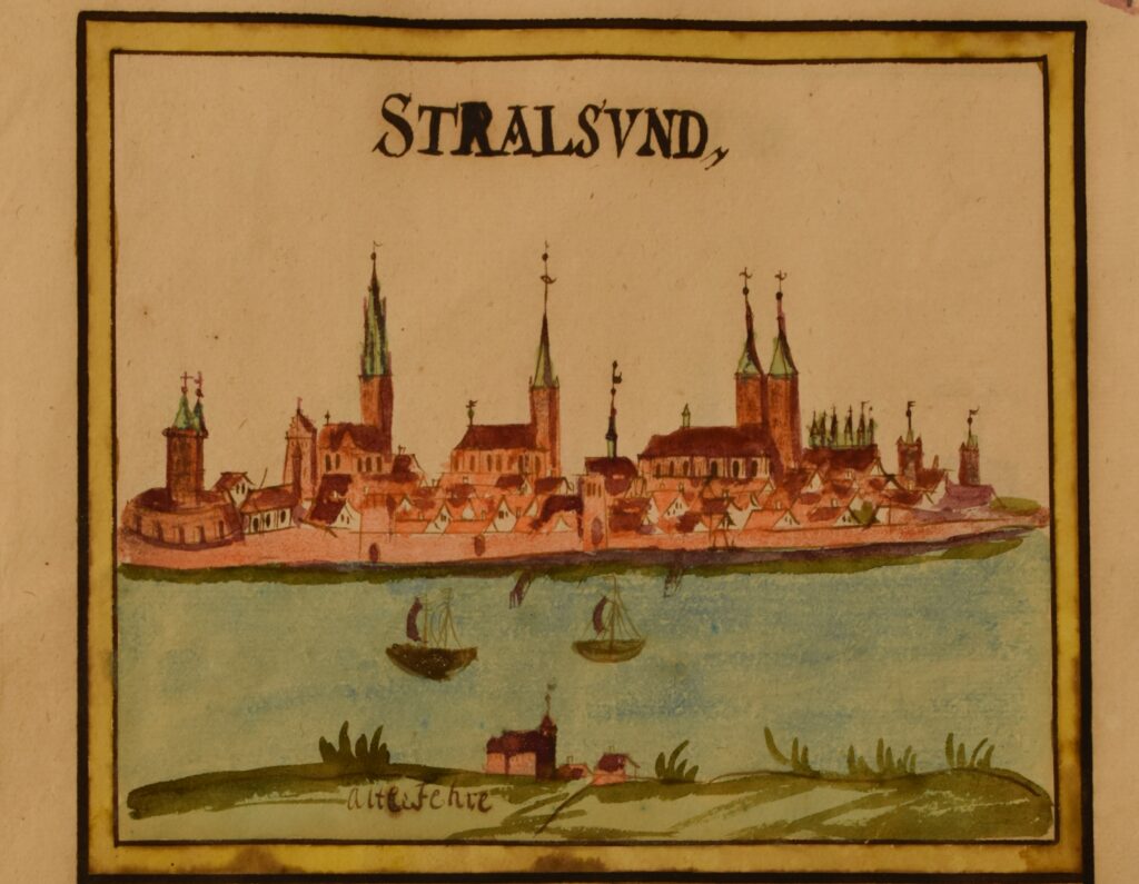 Ansicht der Stadt Stralsund vor dem Dreißigjährigen Krieg, gezeichnet um 1740, Pristaff'sche Fälschung, Landesarchiv Greifswald, Rep. 40 III 231c Bl. 287 / Foto R. Harlaß
