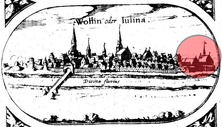 Wollin auf der Lubinischen Karte von 1618. Heute ist das Kloster (rot markiert) verschwunden / Bearb. R. Harlaß