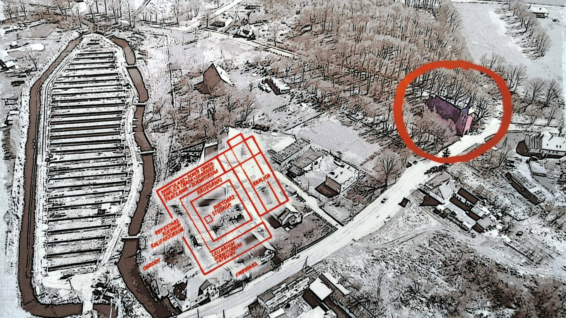 Vermutliche Lage des Klosters im Zentrum des Dorfes / Abbildung auf einer Info-Tafel an der Pfarrkirche