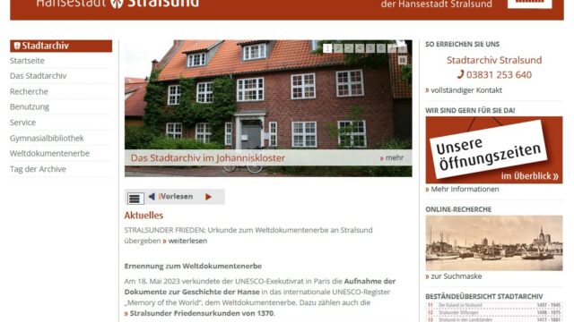 Startseite der Website des Stralsunder Stadtarchvs