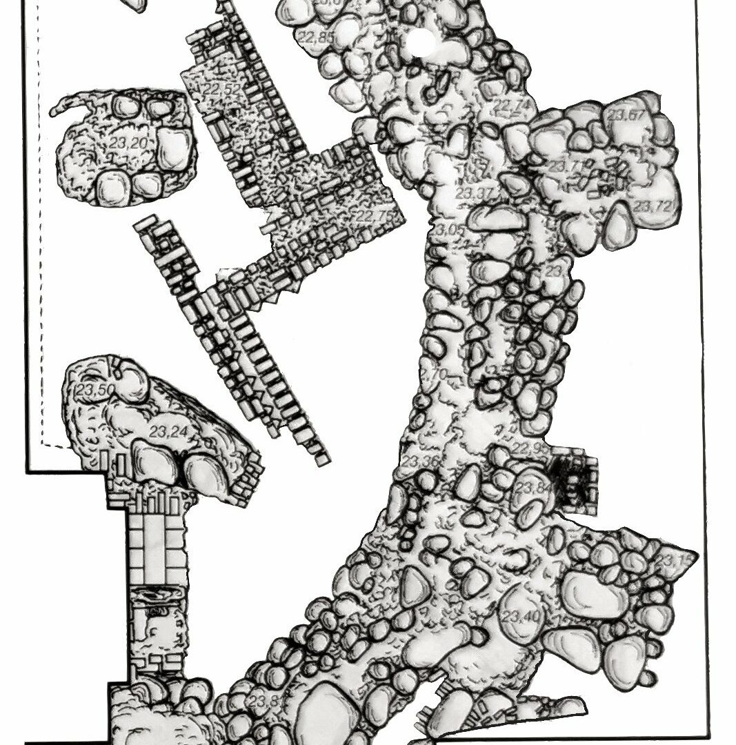 Die bei Ausgrabungen im Innenhof des Stadtschlosses entdeckten Reste der Ottokirche in Gestalt des Chor- und Altarfundaments / nach Cnotliwy 1992, Abb. X; Bearbeitung A. Kieseler