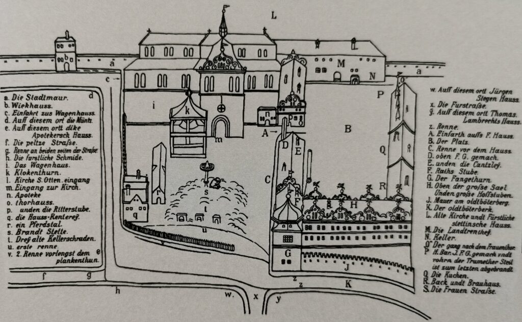 Das Herzogsschloss vor 1575 auf einer Abbildung von 1607 (Autor unbekannt); die Ottenkirche ist mit „k“ markiert / nach Cnotliwy 2014, Abb. 182; Bearbeitung A. Kieseler