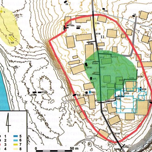 Das Dorf Belbuck mit rezenter Bebauung (hellbraun), den Grabungsschnitten (1, 2), dem rekonstruierten Befestigungsverlauf, dem Stiftsfriedhof (4), der Kirche und Klausur (6) sowie der Handwerkersiedlung am Fluss Rega (7, 8) / nach Rębkowski/Biermann 2015